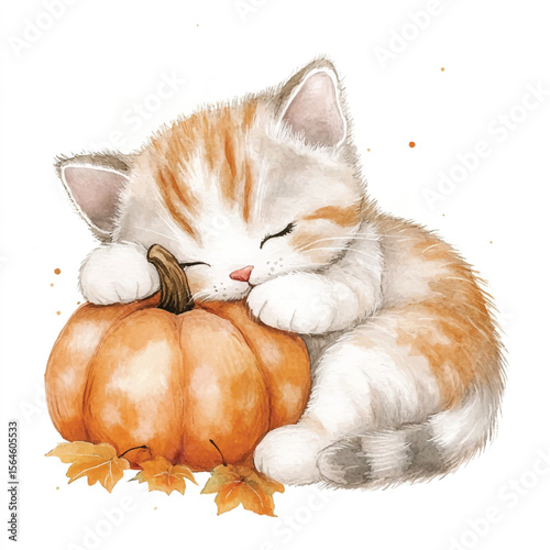 Sleepy Kitten Napping on a Pumpkin Autumn Watercolor Art