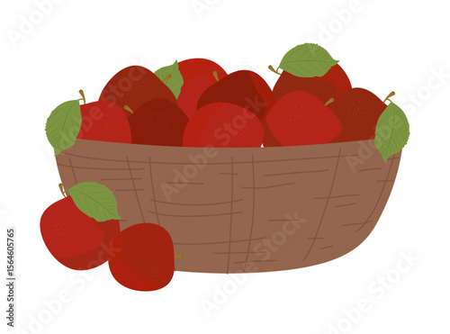 Vector illustration of a wooden basket filled with fresh red apples, each adorned with green leaves. This simple yet vibrant composition captures the essence of harvest and abundance.
