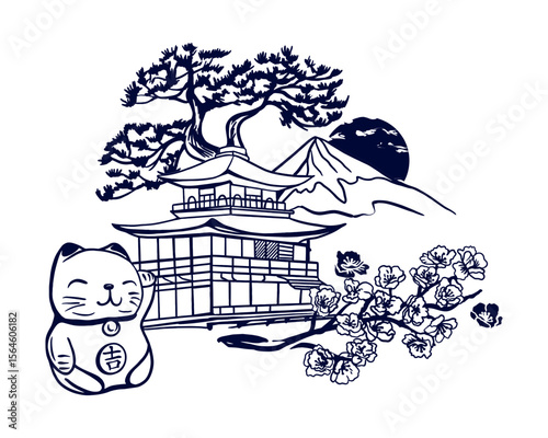 Sakura branch, Japanese pine, house, mountain, cat statue. Silhouettes of traditional symbols in graphic style. Hand drawn vector illustration. Postcards, invitations, banners, posters, booklets.