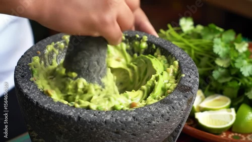 Hand mashing avocado to make guacamole in a stone mortar with a pestle