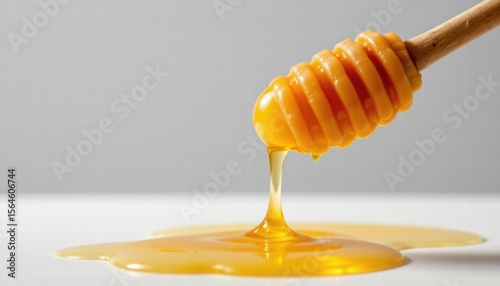 Dripping Honey from Wooden Dipper on a Smooth Surface with a Light Background, Capturing the Sweetness and Richness of Natural Ingredients