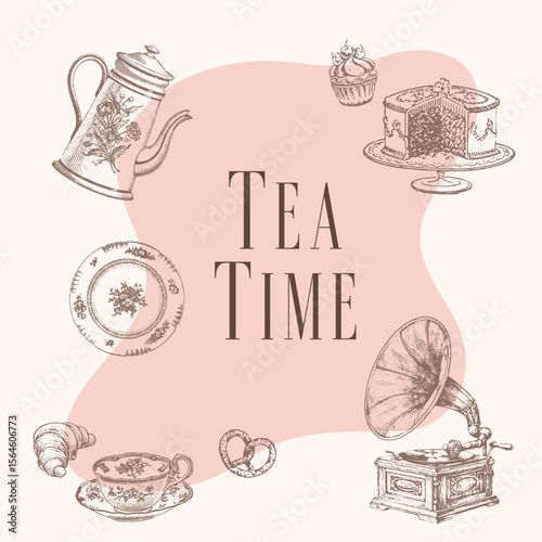 Elegant vintage illustration of a tea time with delicious pastries, teapot, and music player