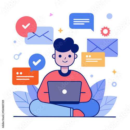 Young man working on laptop surrounded by communication and notification icons