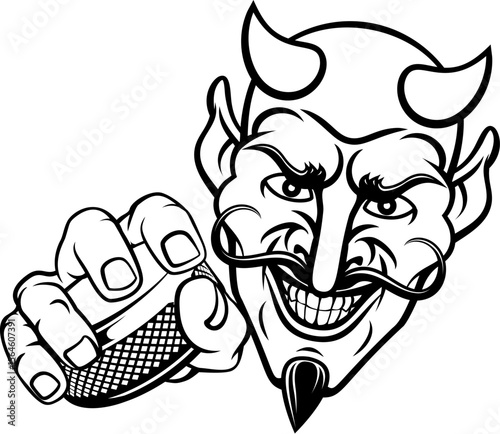 A devil or satan ice hockey sports mascot cartoon character holding a puck