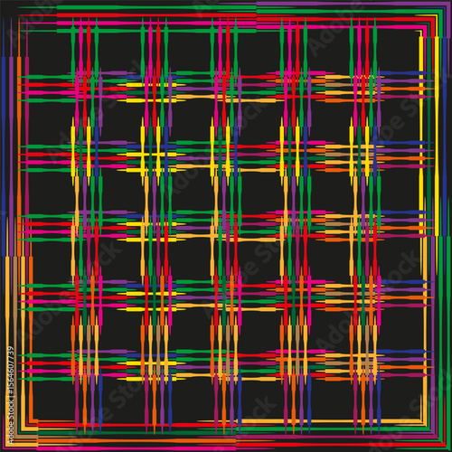 Rainbow grid pattern. Color square Vector. Neon mesh art. Black backdrop graphic.