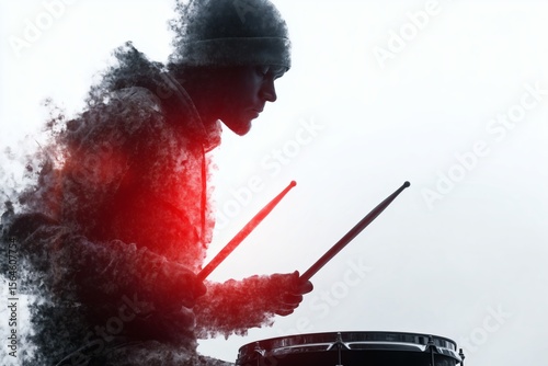 silhouette of drummer with beanie dissolving into particles with red glow