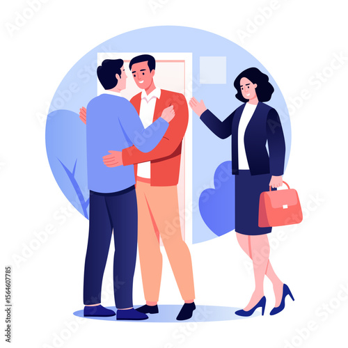 A flat style illustration showing a person hugging a homeowner