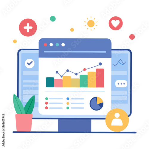 Digital analytics dashboard on computer screen with charts and icons