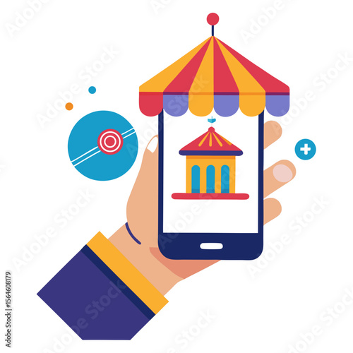 Hand holding smartphone displaying a building under a colorful tent