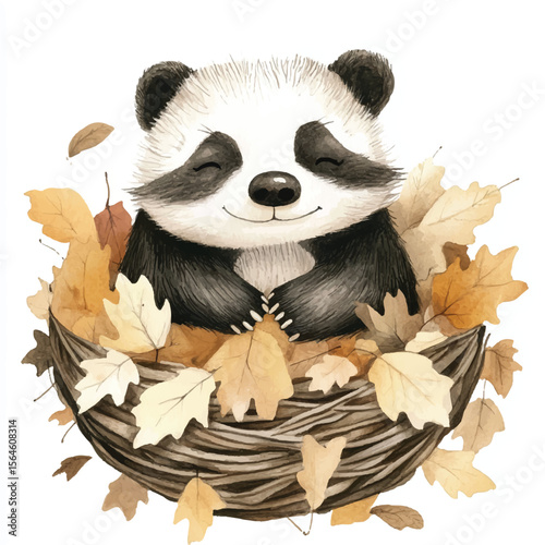 Smiling Panda Bear Nestled in Autumn Leaves Watercolor Illustration