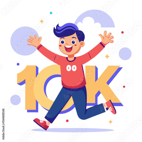 Excited boy celebrating 10k followers milestone with joy and happiness