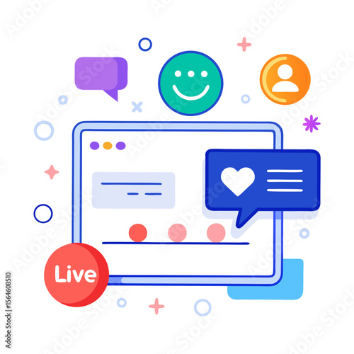 Digital interface with live streaming icons and social media engagement elements