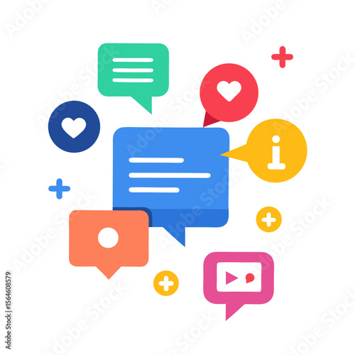 Colorful social media icons and chat bubbles with likes and information symbols