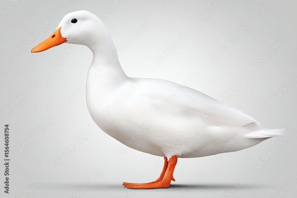 Fototapeta premium white duck with orange bill and feet in side pose on neutral background