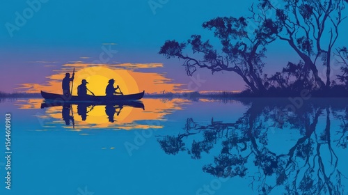 Silhouetted figures in a canoe at sunset