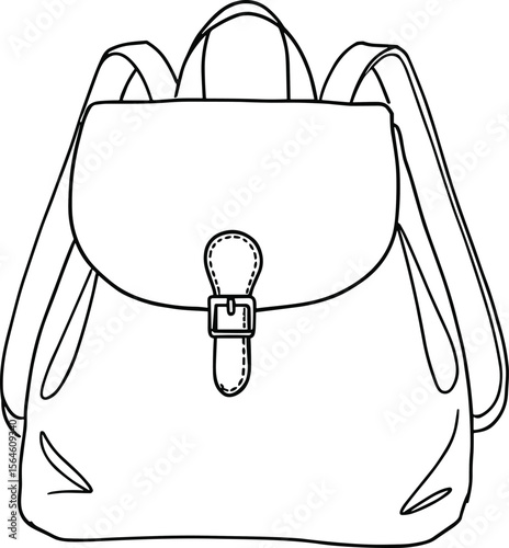 Minimalist backpack line drawing with front buckle detail, clean technical design sketch for fashion accessory, school, or travel concept.