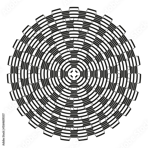 Circular chain spiral. Concentric ring maze. Metallic swirl disk. Vector rotation emblem.