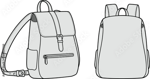 Minimalist technical backpack sketch, side and back view illustration, stylish leather bag design with zipper and buckle for fashion use