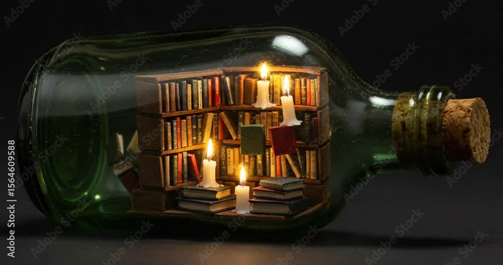 Miniature library with candles in a glass bottle