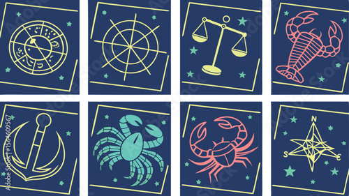 Eight celestial zodiacal sign collection featuring astrology icons and symbols