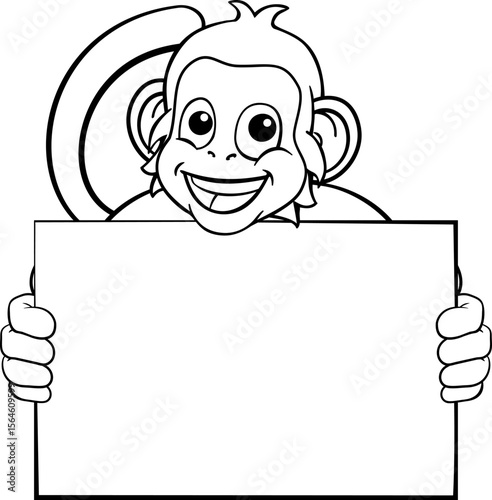 A monkey cute happy cartoon character animal holding a blank sign with copy-space
