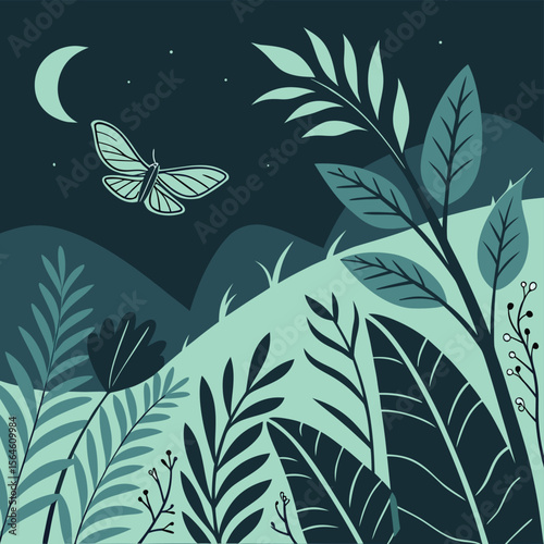 Illustration of a butterfly flying near a crescent moon over a landscape with plants and hills at night