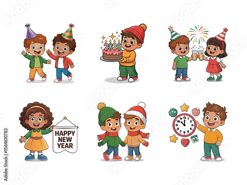 Children celebrating new year with party hats cake and drinks celebration