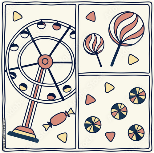 Carnival fun with a ferris wheel and sweet treats for a cheerful, delightful graphic