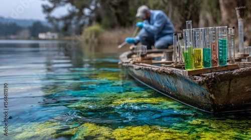 Scientist Collecting Water Samples from Lake for Environmental Analysis