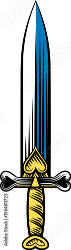 A sword or dagger medieval weapon design illustration in a vintage woodcut retro tattoo style