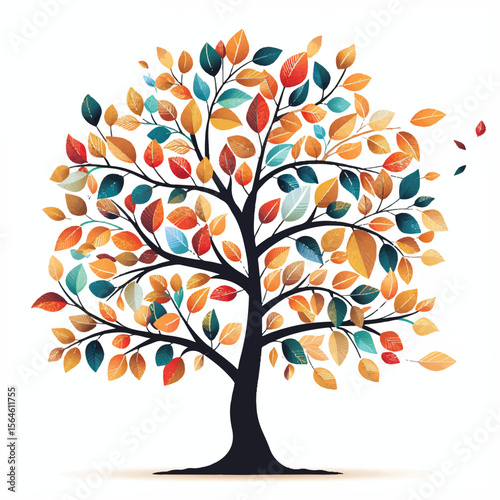 Stylized autumn tree with colorful leaves in shades of red orange yellow and teal