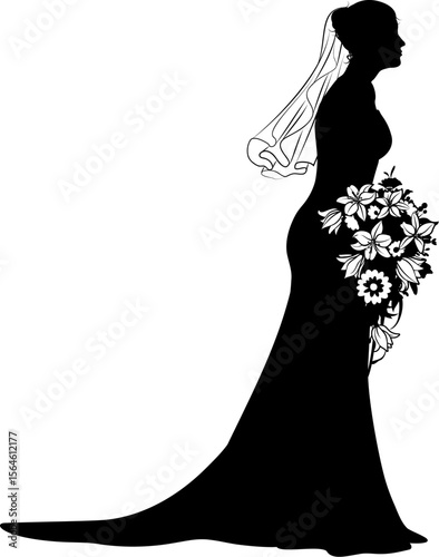 A woman bride in a bridal wedding dress in a silhouette
