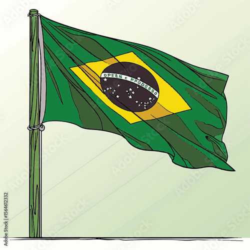 Stylized Brazilian Flag Waving on a Wooden Pole with Rope Ties
