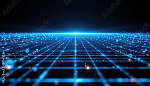 Futuristic Digital Landscape with Glowing Grid and Particles in a Space-like Environment Displaying a Sense of Depth and Technology Advancement