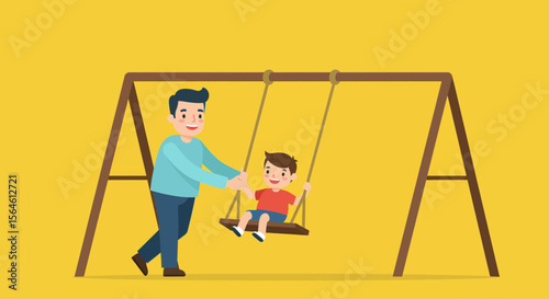 A father pushes his son on a swing set on a plain yellow background