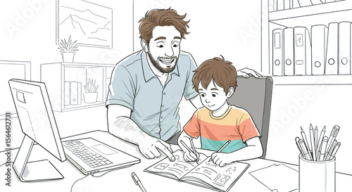 A father assists his son with homework at a desk with a laptop and writing utensils