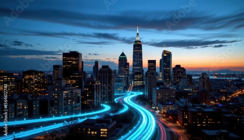 Vibrant City Skyline at Dusk with Light Trails from Busy Traffic in Urban Landscape Displaying Modern Architecture and Colorful Evening Skies