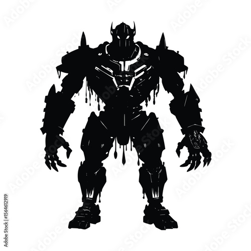 Dark mechanical armored robot full body standing silhouette vector illustration