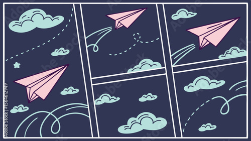 Paper airplanes soar through cartoon panels with whimsical clouds and cheerful doodles.