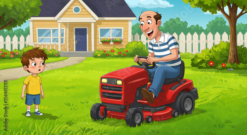 Cartoon depicts a man riding a red lawn mower as a young boy watches on a green lawn in front of a yellow house