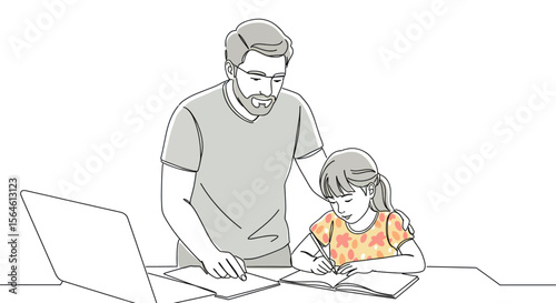 Father helps daughter with homework laptop visible