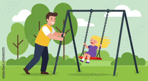 Father pushing daughter on swing set in park both smiling