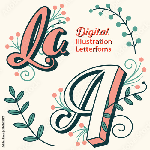 Illustration of stylized letterforms l and a with floral accents in a decorative design layout image
