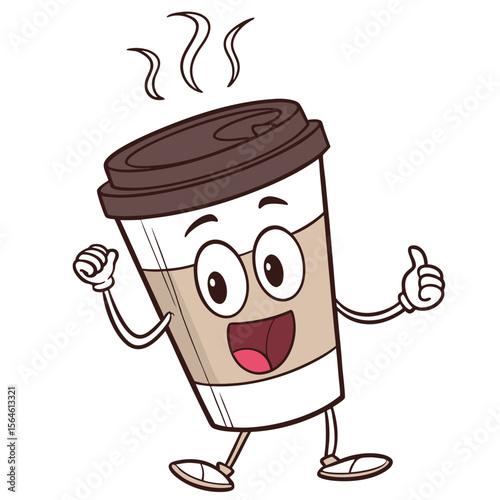 Cartoon illustration features a cheerful, anthropomorphic coffee cup with a brown lid, smiling widely with big eyes, and giving a thumbs-up gesture. It has stick-like arms and legs.