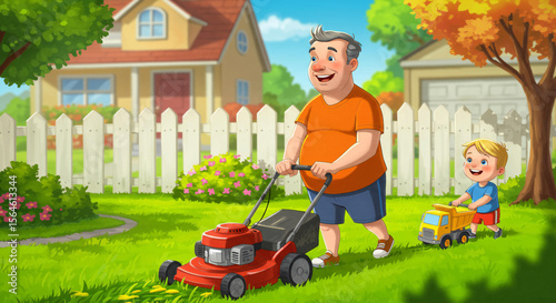 Man mowing lawn with boy pulling truck House fence and trees surround