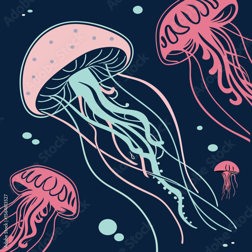 Jellyfish graphic shows dreamy ocean creatures floating in a nautical style, suitable for branding or web design.