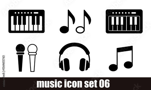 music icon set 06 : microphone, piano, keyboard, organ, headphones, octaves, notes, silhouette, set, music, 