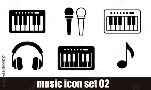 music icon set 02 : microphone, piano, keyboard, organ, headphones, octaves, notes, silhouette, set, music, 