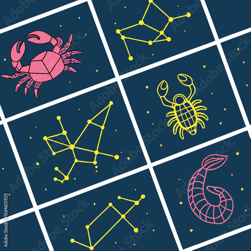 Charming zodiac signs adorn a midnight sky, perfect for astrology designs or horoscope-themed graphics.