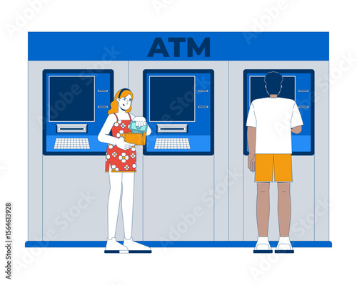 Diverse people using ATM machines for banking transactions 2D vector illustration. Woman with wallet, black man withdrawing money flat characters isolated on white background. Colorful cartoon image